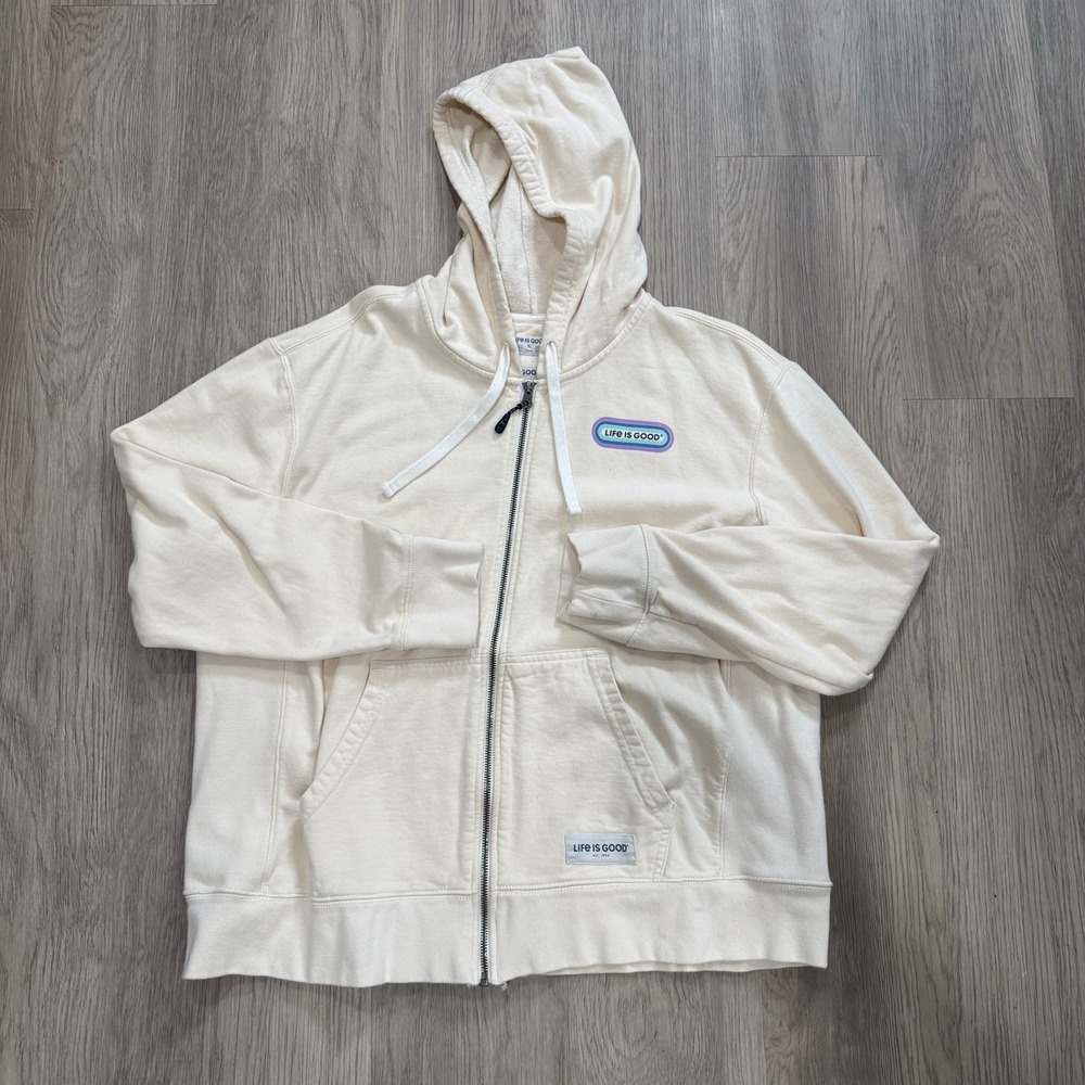 Life Is Good Men's XL Full Zip Hoodie Cream Pastel Graphic Sweatshirt